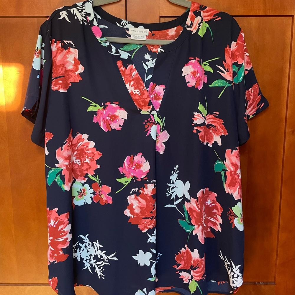 Van Heusen split neck top blouse navy floral XXL short sleeve